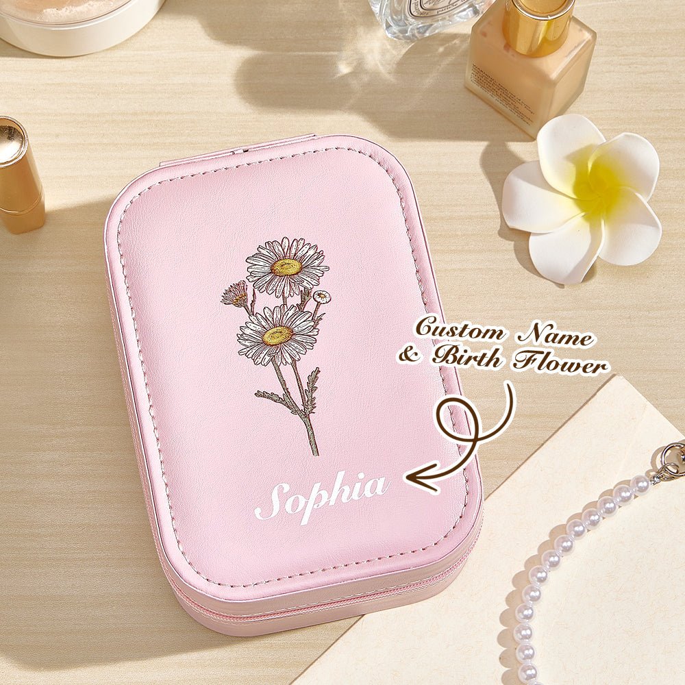 Personalized Birth Flower PU Leather Jewelry Box with LED Makeup Mirror Birthday Gift for Her - JUST - JEN BOUTIQUE