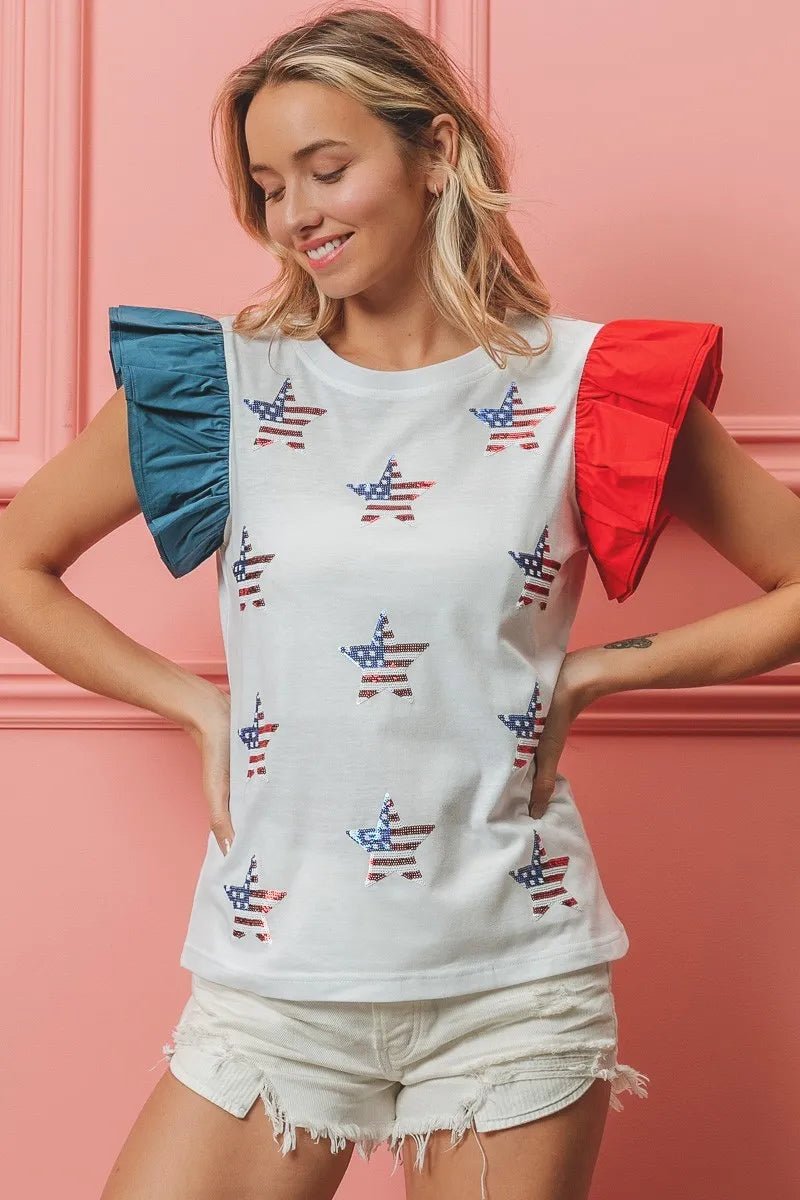 BiBi American Flag Sequin Stars Top - JUST - JEN BOUTIQUE
