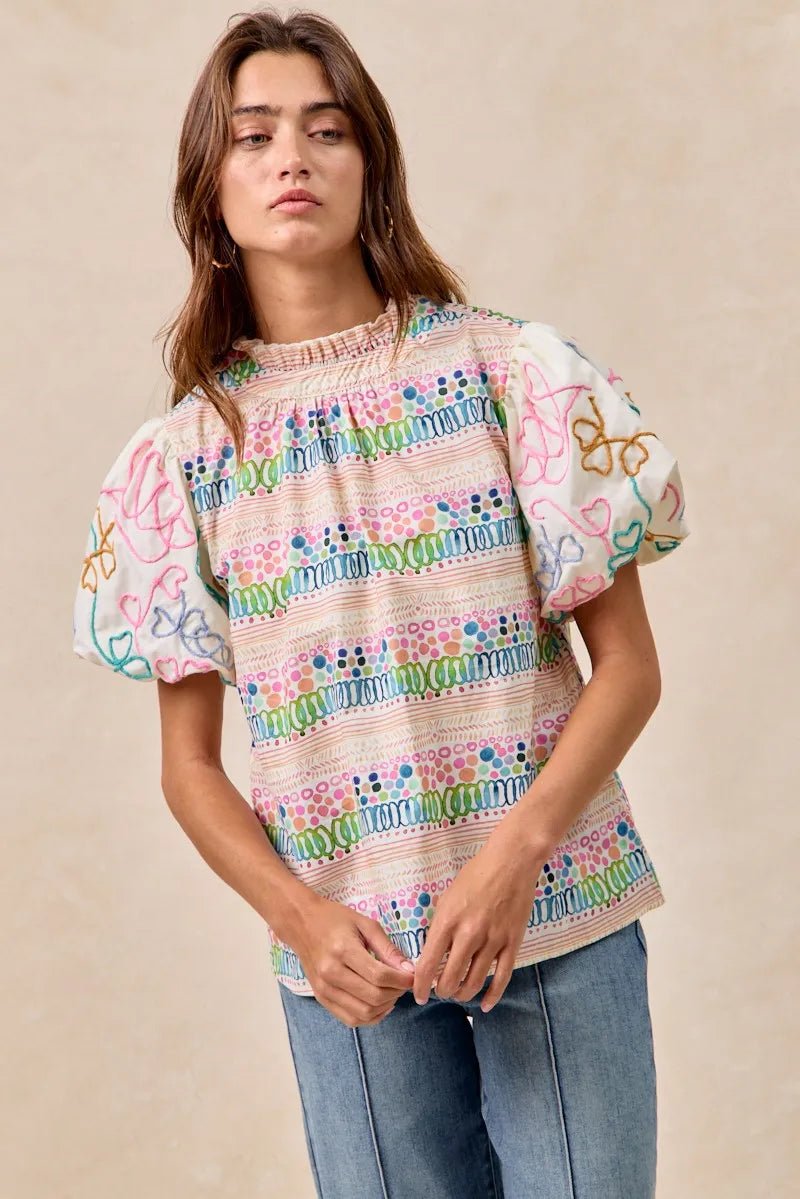 BiBi Ruffle Neckline Blouse With Embroidery Bubble Sleeve - JUST - JEN BOUTIQUE