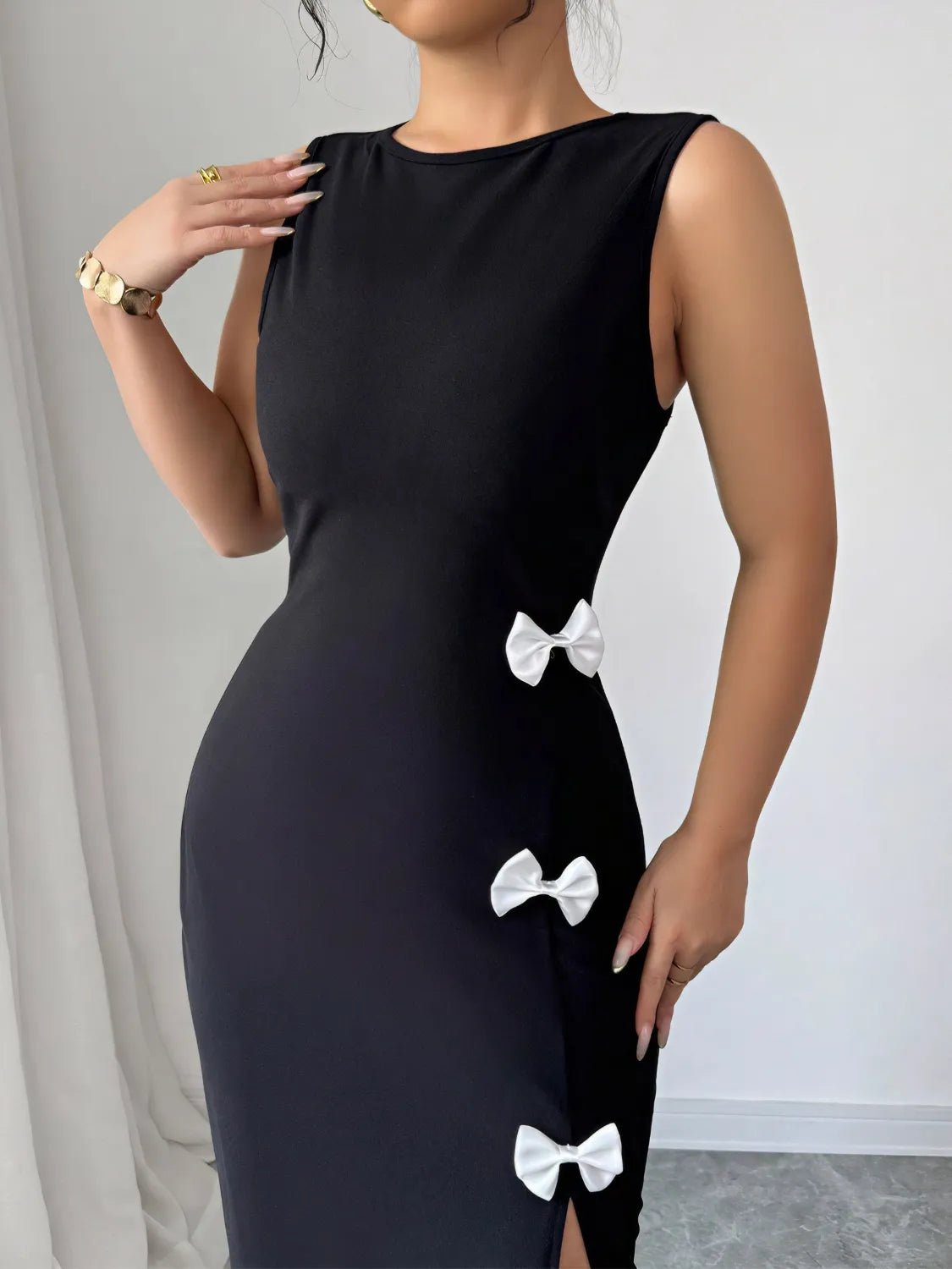 Bow Slit Round Neck Sleeveless Dress - JUST - JEN BOUTIQUE