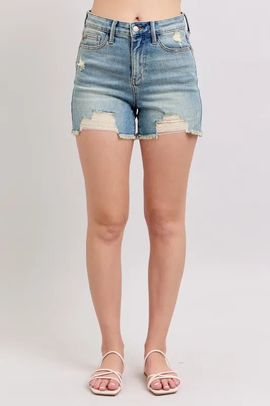 Judy Blue Full Size High Rise Washed Fly Stitch Detail and Destroy Denim Shorts Plus Size - JUST - JEN BOUTIQUE