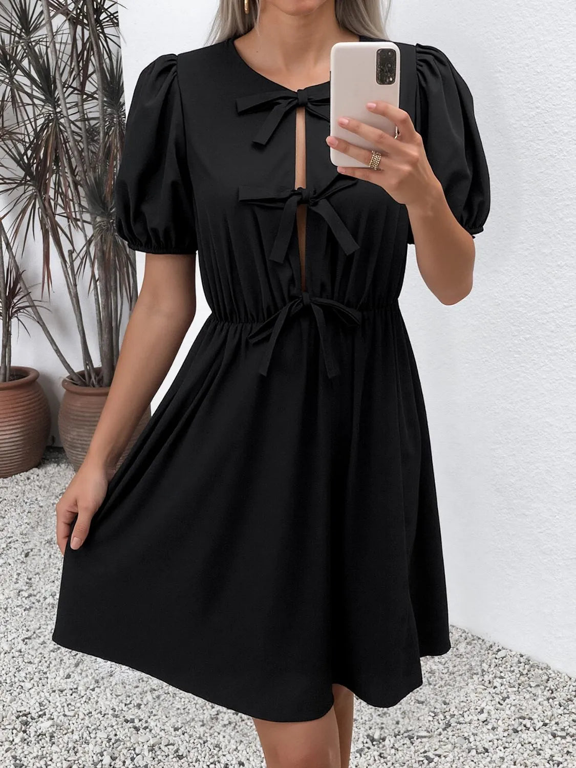 Tie Front Puff Sleeve Mini Dress - JUST - JEN BOUTIQUE