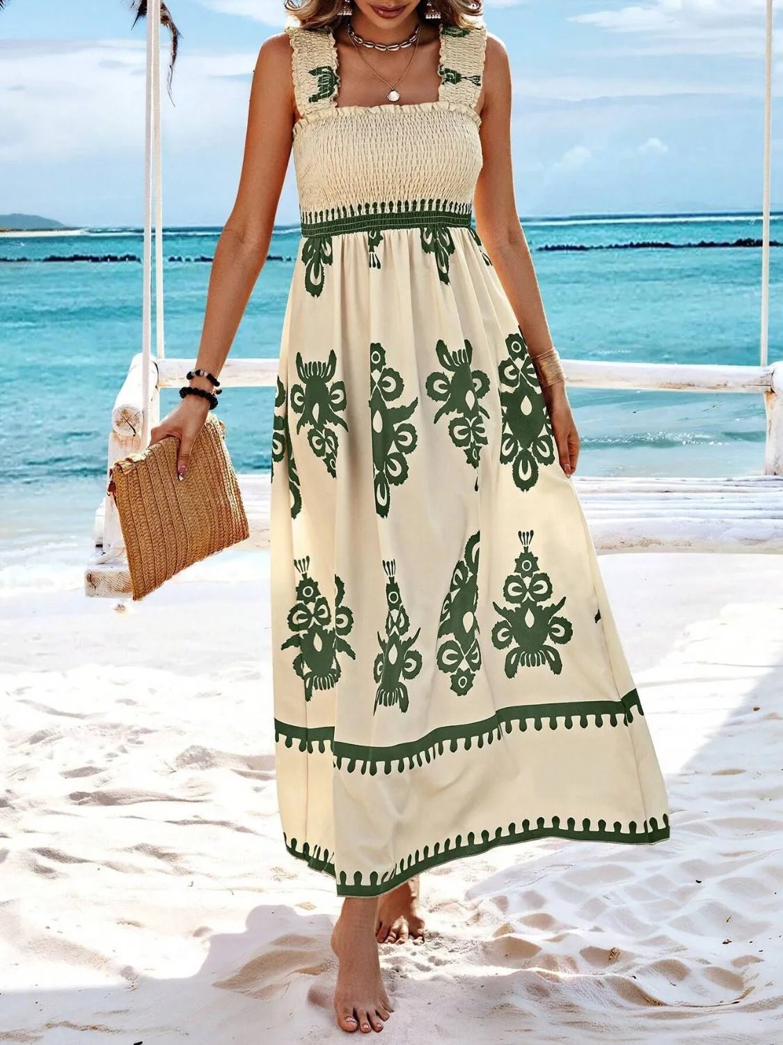 Smocked Printed Wide Strap Maxi Dress - JUST - JEN BOUTIQUE