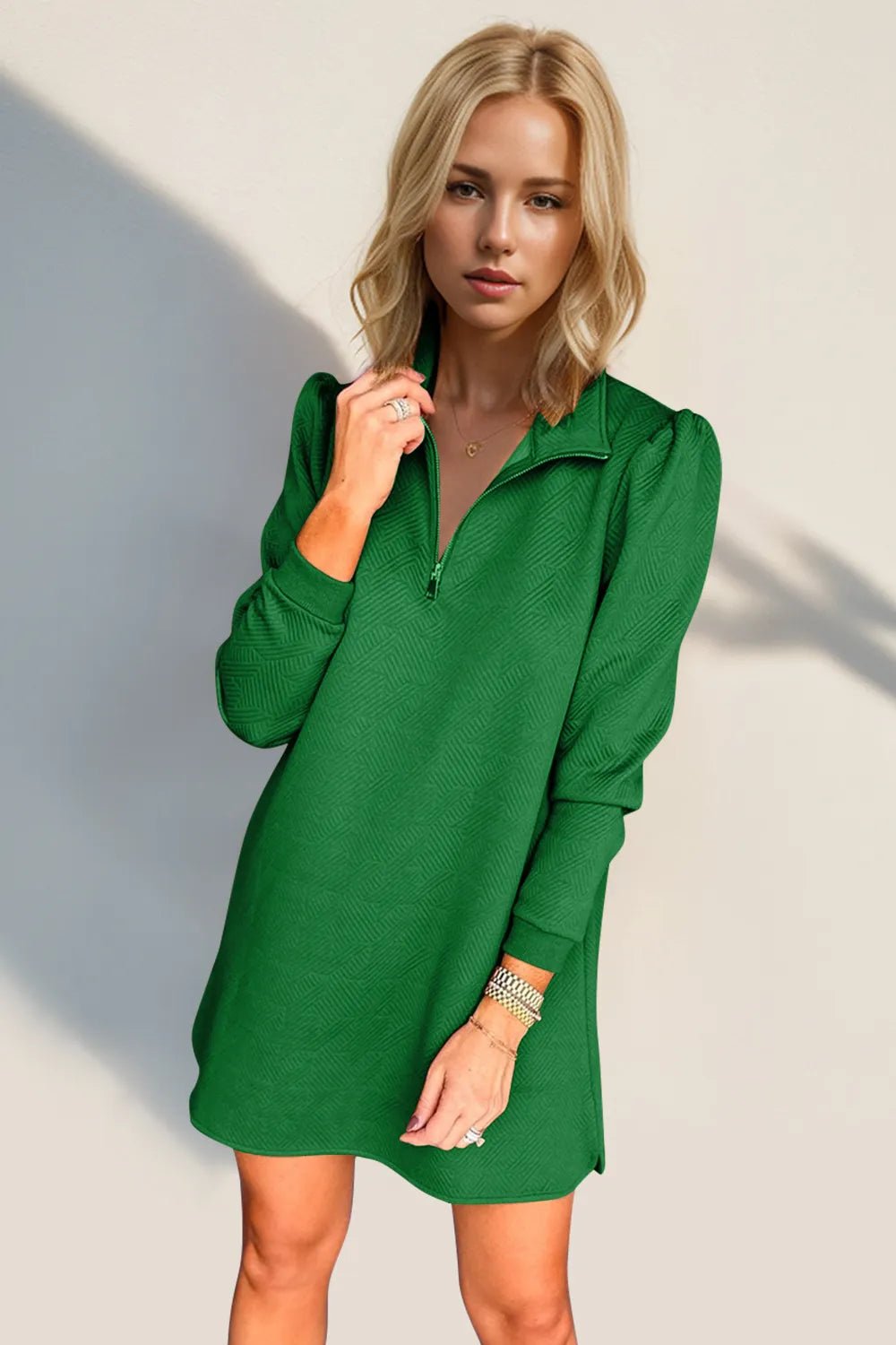 Double Take Textured Quarter Zip Long Sleeve Dress - JUST - JEN BOUTIQUE