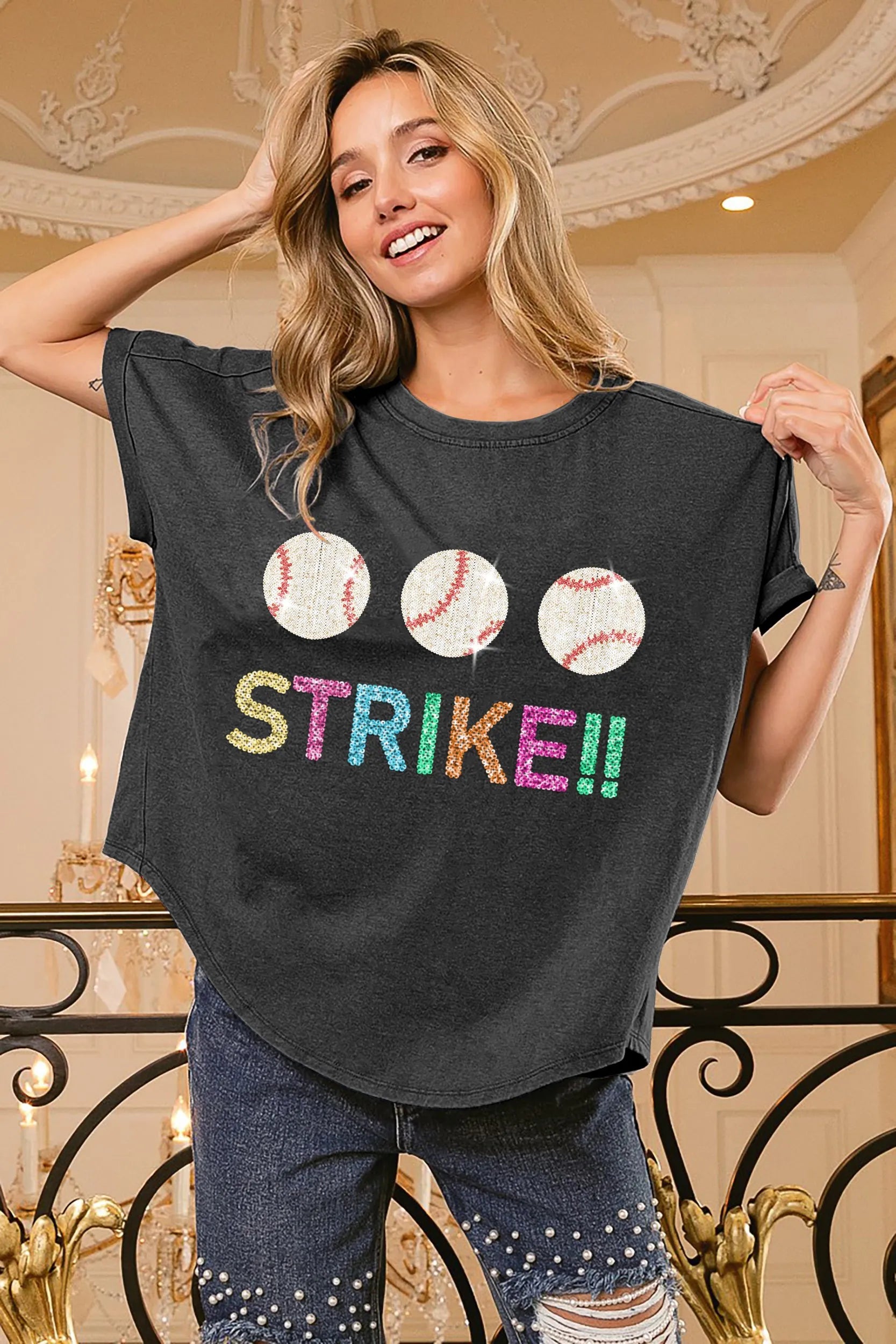 BiBi Sequin Baseballs Strike Washed Short Sleeve Top - JUST - JEN BOUTIQUE