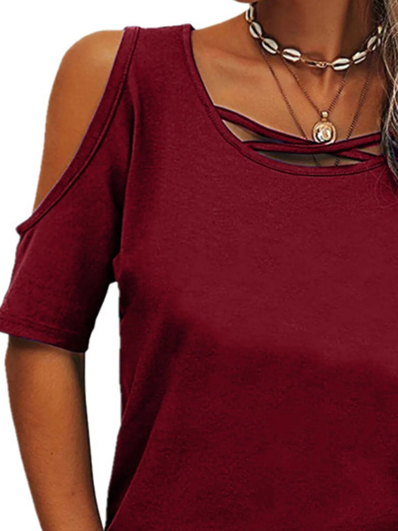 Full Size Crisscross Cold Shoulder Casual T-Shirt Plus Size - JUST - JEN BOUTIQUE