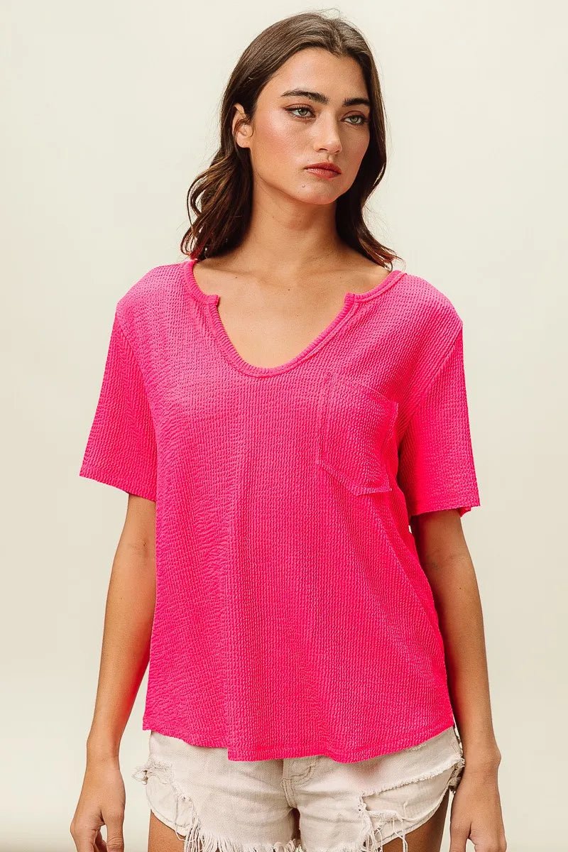BiBi Waved Rib U Neck Top With Front Pocket - JUST - JEN BOUTIQUE