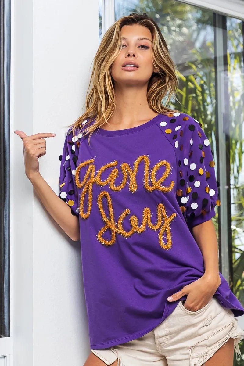 BiBi Game Day Metallic Letter Spangle Sleeve Top - JUST - JEN BOUTIQUE