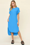 Double Take Full Size Round Neck Short Sleeve Slit Dress - JUST - JEN BOUTIQUE