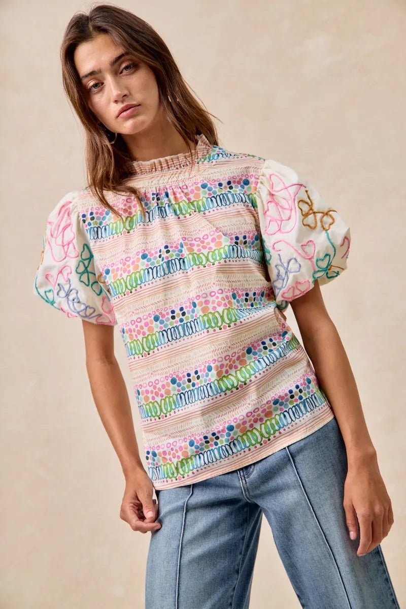 BiBi Ruffle Neckline Blouse With Embroidery Bubble Sleeve - JUST - JEN BOUTIQUE
