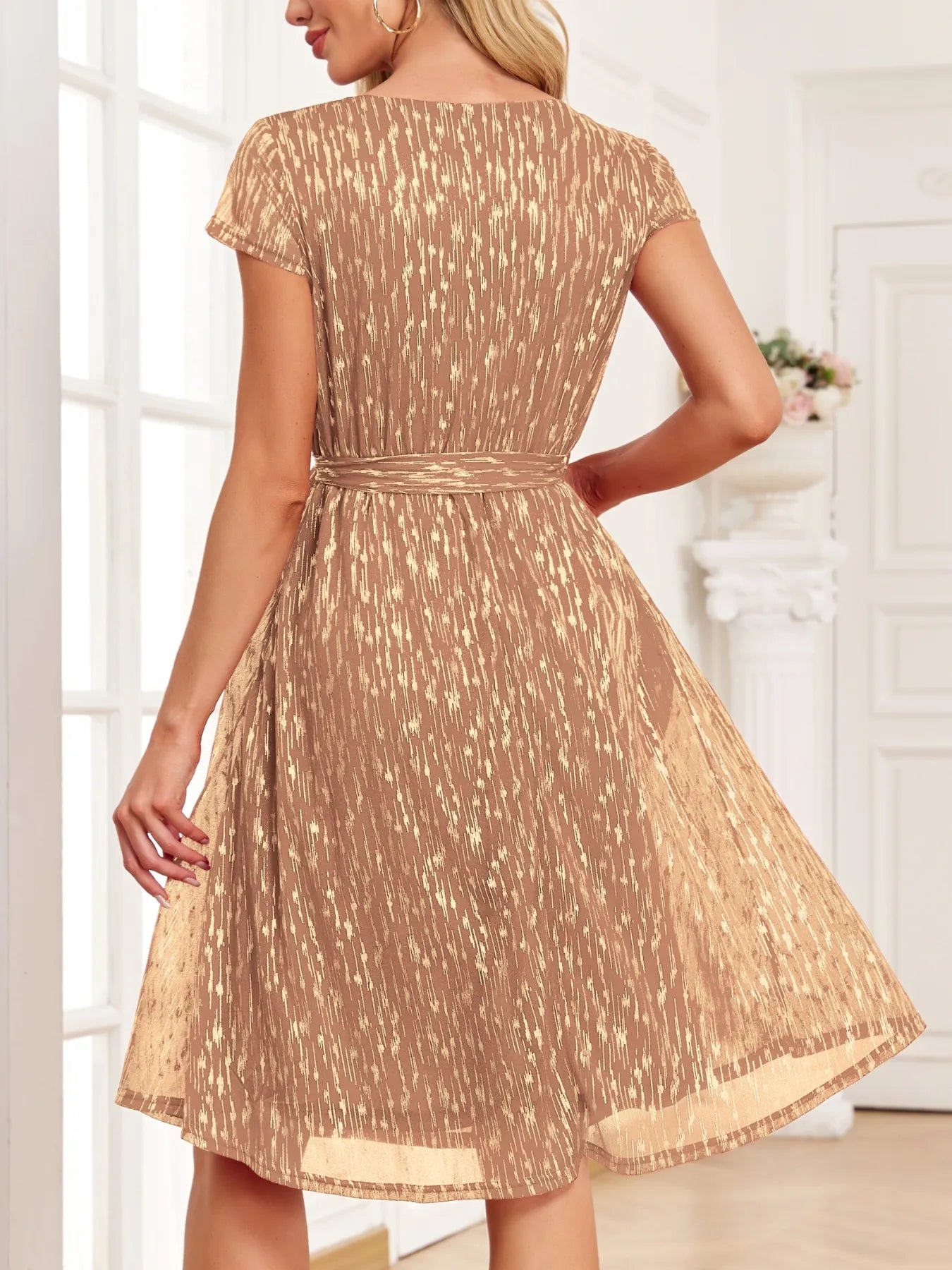 V - Neck Metallic Print Dress - JUST - JEN BOUTIQUE
