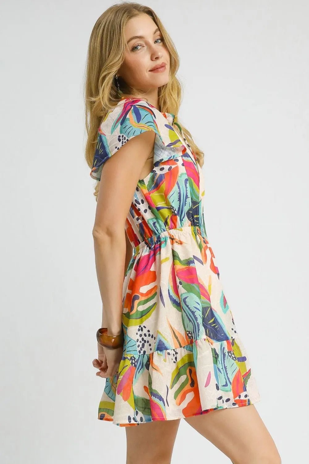 Umgee Printed Tie Neck Ruffled Hem Dress - JUST - JEN BOUTIQUE