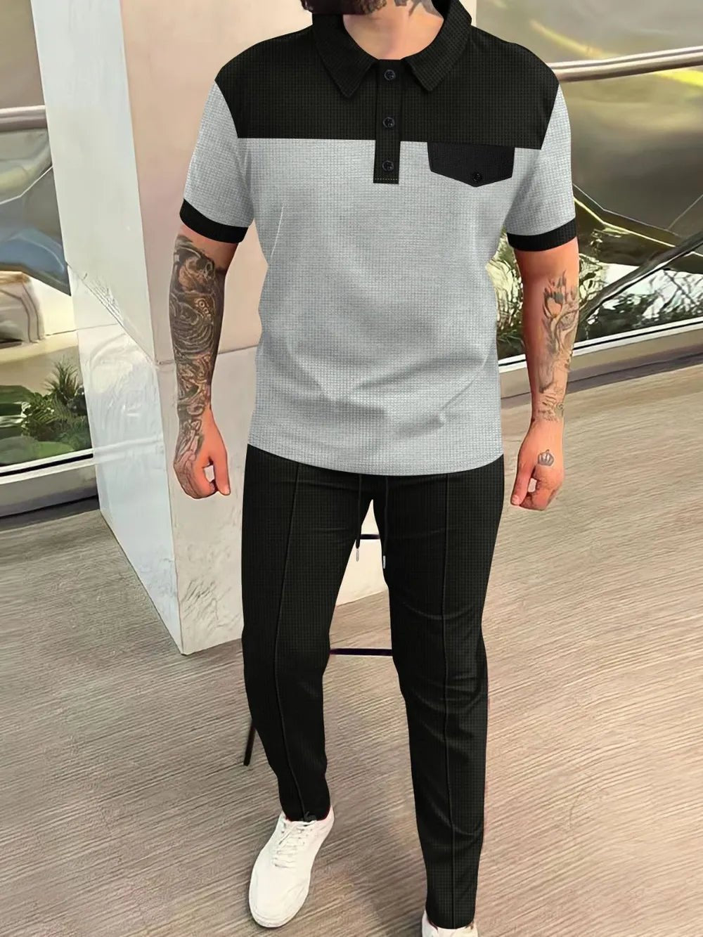 Men‘s Full Size Waffle - Knit Contrast Top and Pants Set Plus Size - JUST - JEN BOUTIQUE