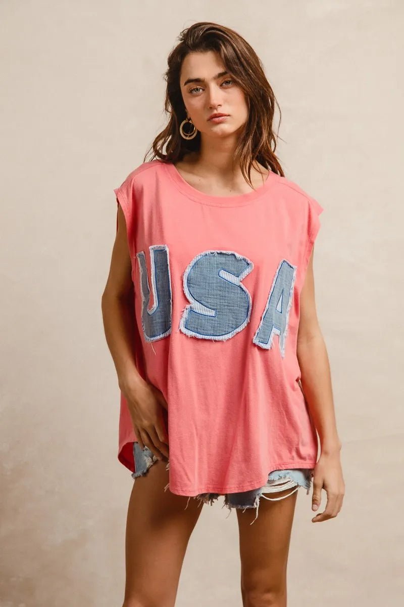 BiBi Washed Jersey With Usa Patched Raw Cut Edge Detail - JUST - JEN BOUTIQUE