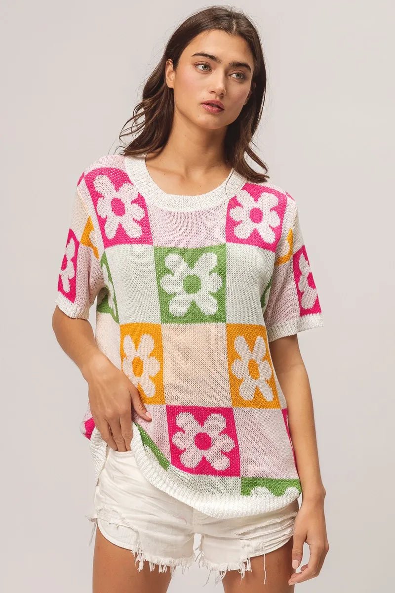 BiBi Flower Checker Pattern Lightweight Sweater Top - JUST - JEN BOUTIQUE