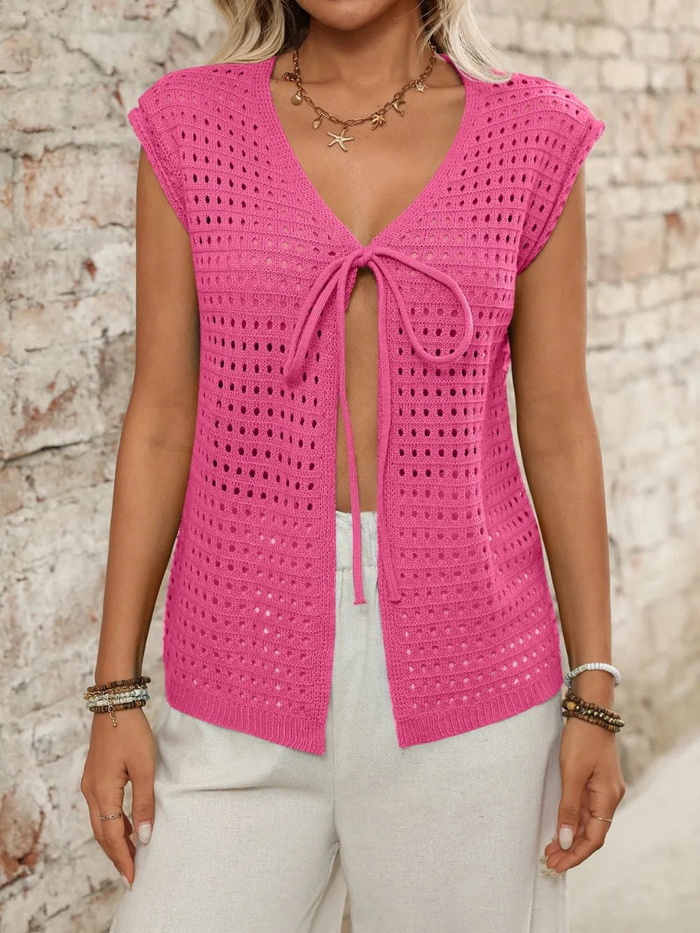 Tied Front Openwork V - Neck Knit Top - JUST - JEN BOUTIQUE