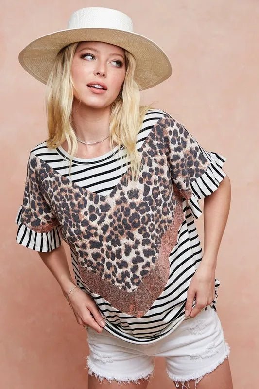 BiBi Stripe Rayon Span Knit Color Block Top With Leopard - JUST - JEN BOUTIQUE