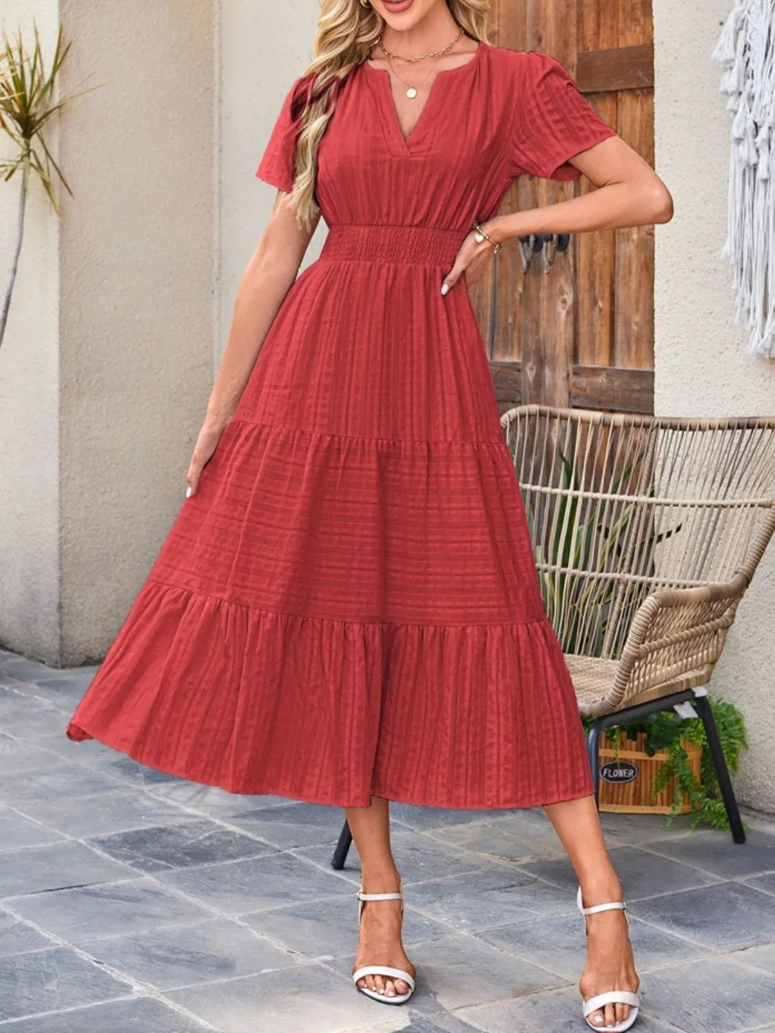 Tiered Notched Short Sleeve Dress - JUST - JEN BOUTIQUE