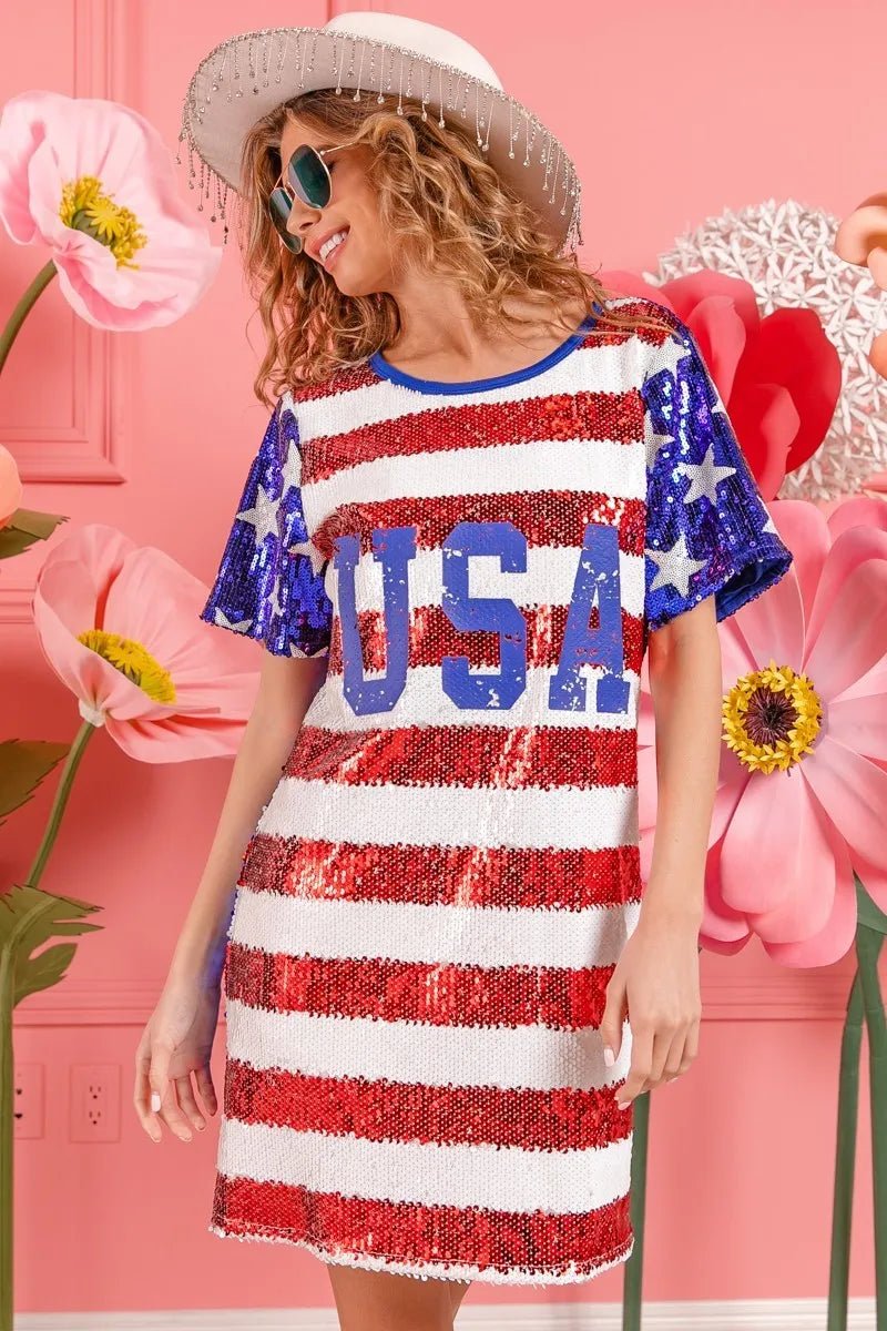 BiBi American Flag Theme Usa Print Sequin Dress - JUST - JEN BOUTIQUE