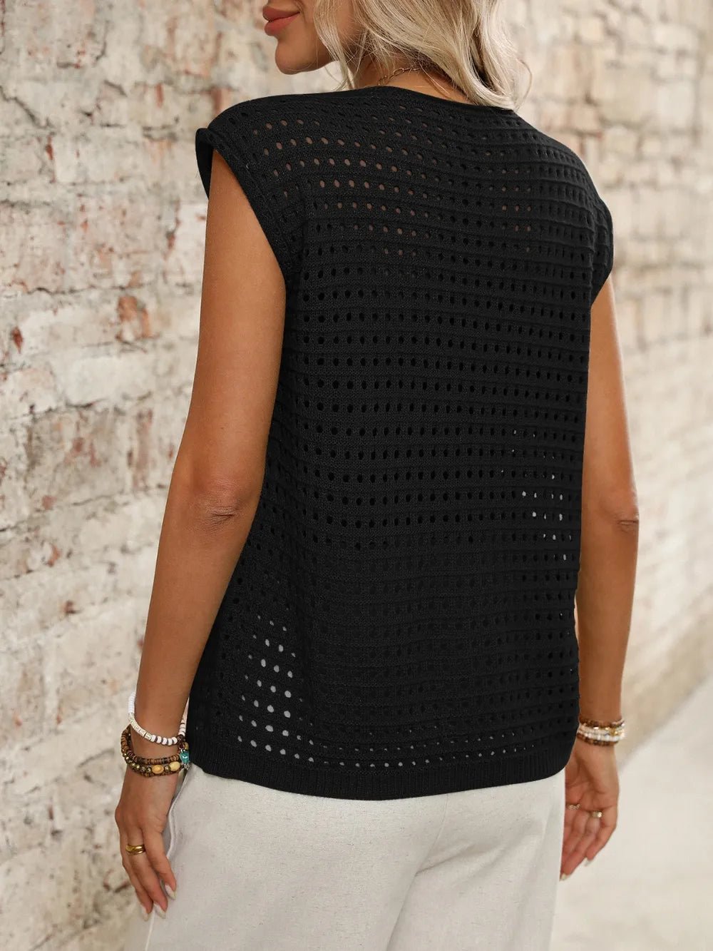 Tied Front Openwork V - Neck Knit Top - JUST - JEN BOUTIQUE