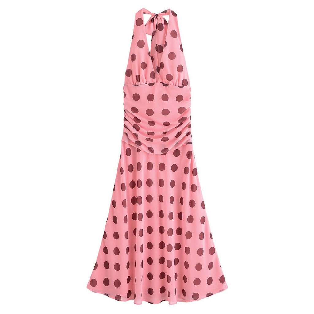 Women's European and American style backless hanging neck pleated long polka dot dress