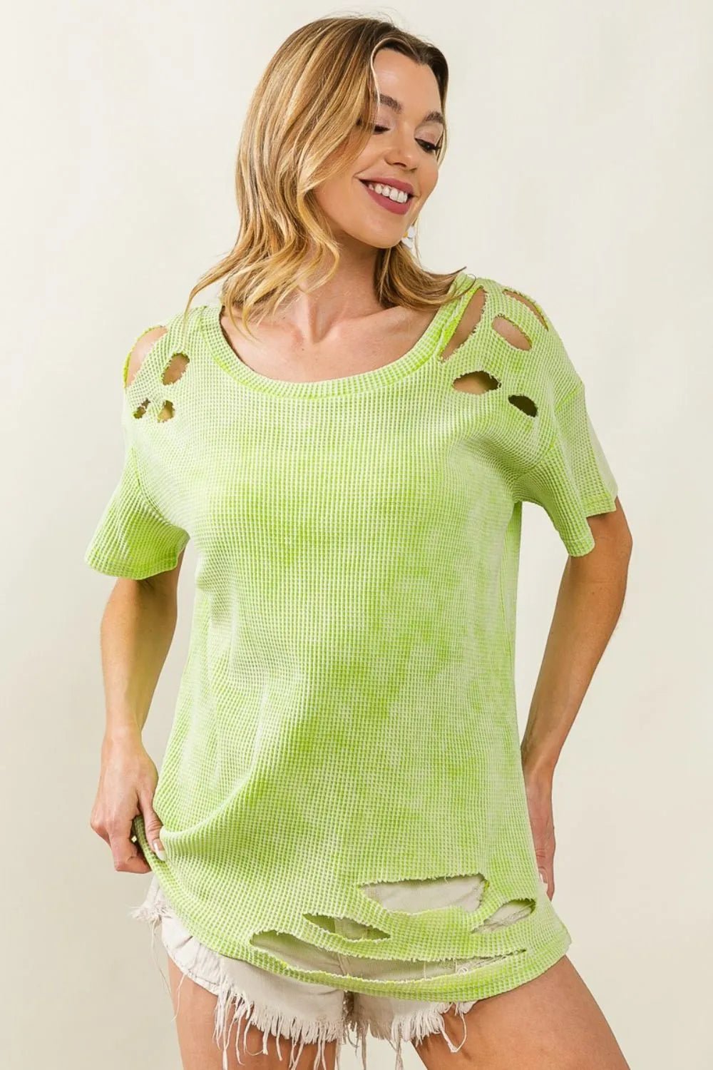BiBi Laser Cut Mineral Washed Loose Fit Thermal Top - JUST - JEN BOUTIQUE