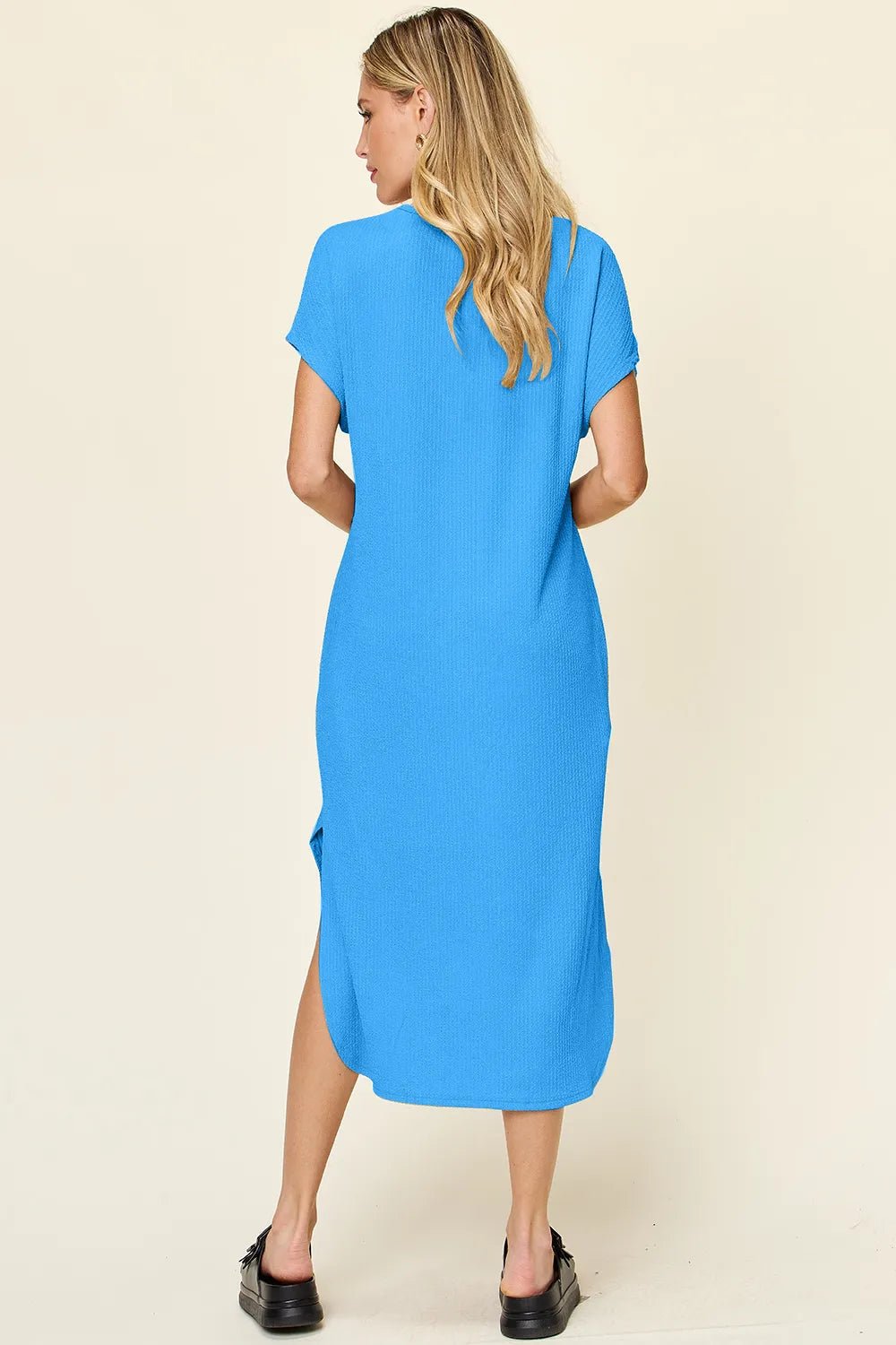 Double Take Full Size Round Neck Short Sleeve Slit Dress - JUST - JEN BOUTIQUE