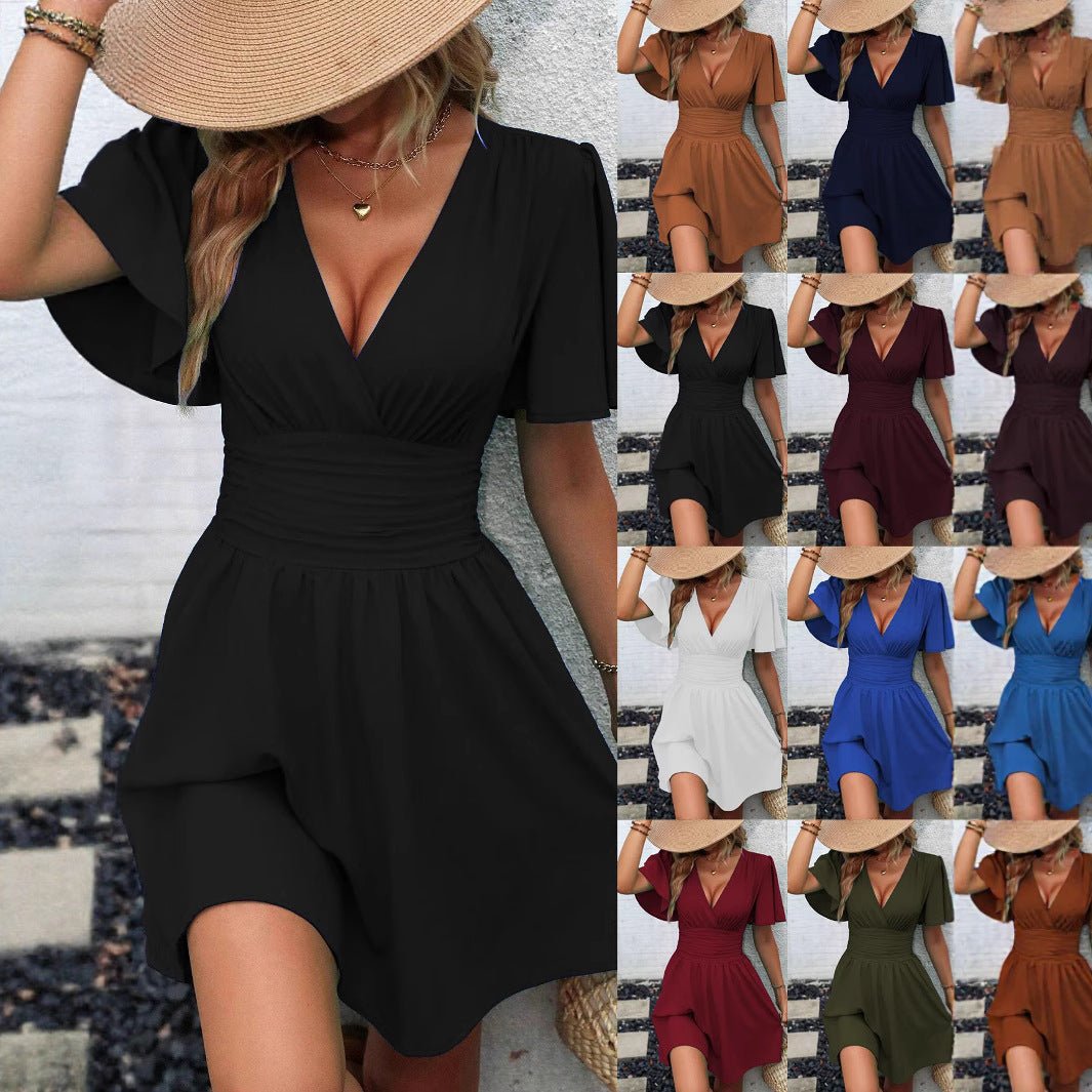 Deep V-neck ruffle sleeves solid color pleated dress fashionable and elegant for women