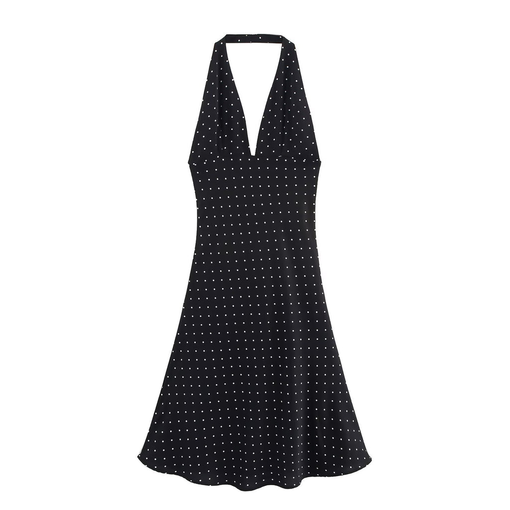 Backless hanging neck V-neck polka dot dress for women