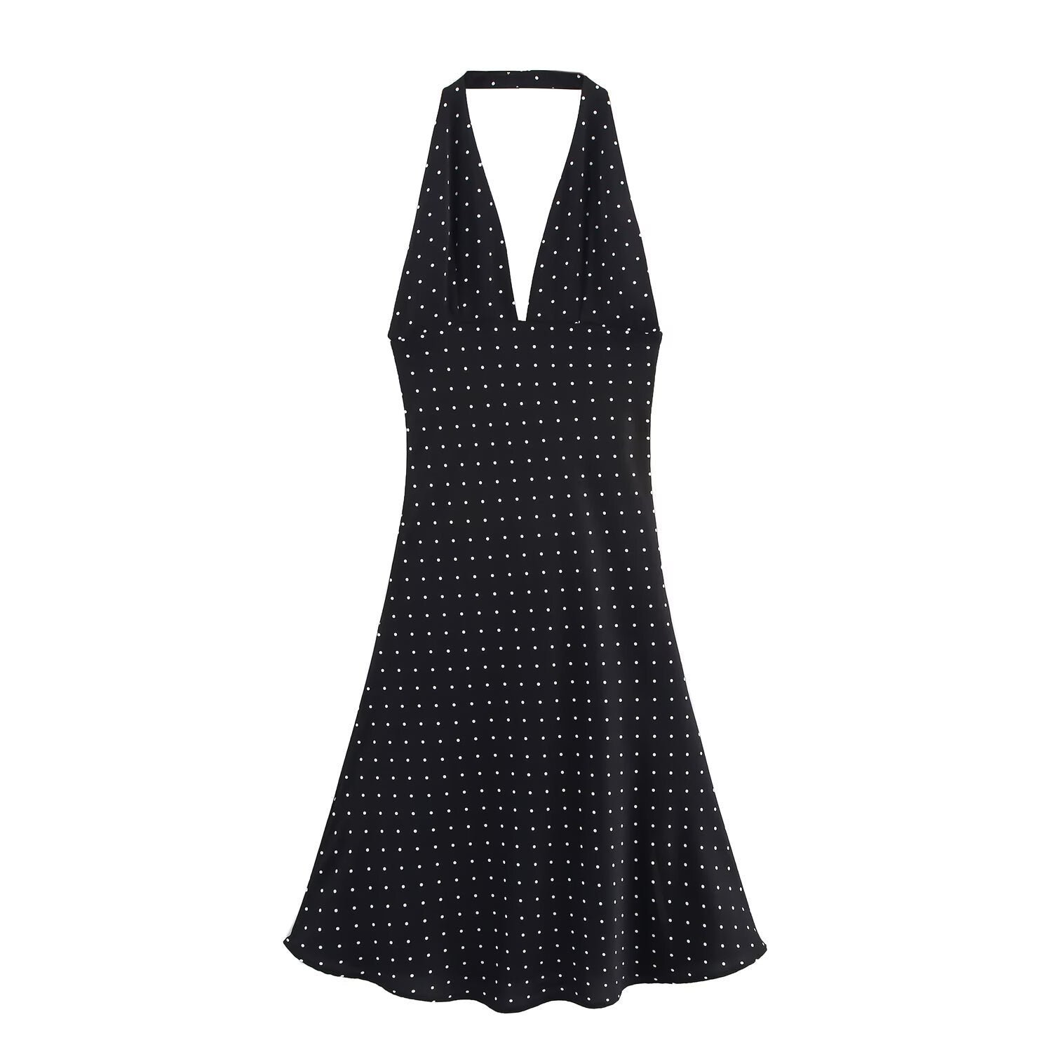 Backless hanging neck V-neck polka dot dress for women