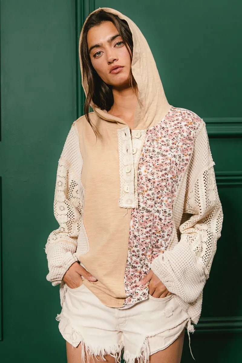 BiBi Slub Jersey with Lace Combo Buttoned Hoodie Top - JUST - JEN BOUTIQUE