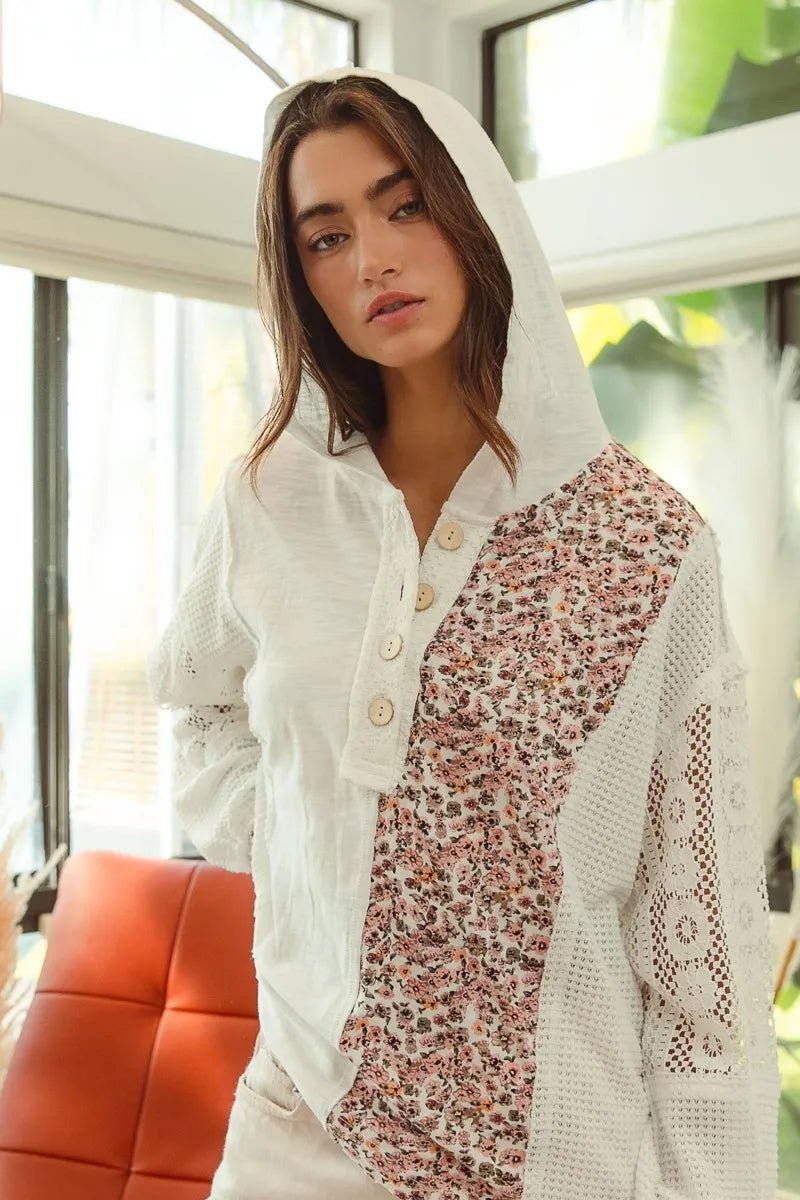BiBi Slub Jersey with Lace Combo Buttoned Hoodie Top - JUST - JEN BOUTIQUE