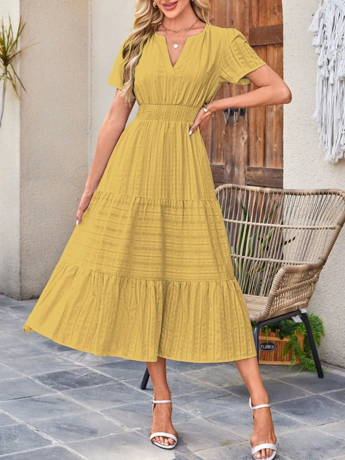 Tiered Notched Short Sleeve Dress - JUST - JEN BOUTIQUE