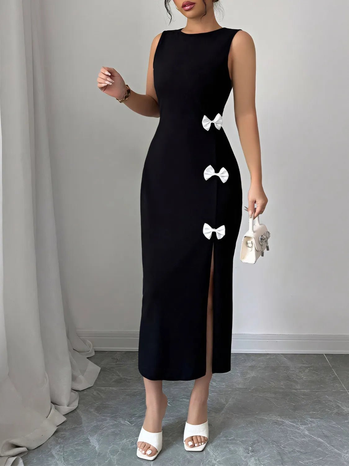 Bow Slit Round Neck Sleeveless Dress - JUST - JEN BOUTIQUE