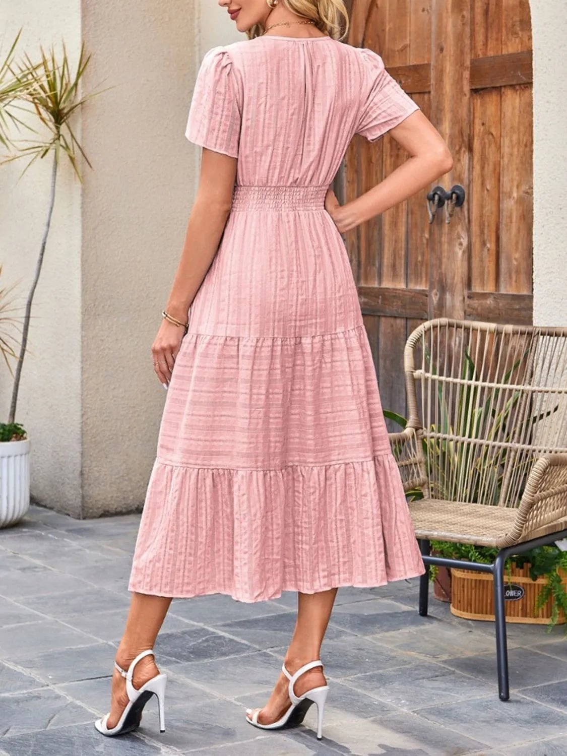Tiered Notched Short Sleeve Dress - JUST - JEN BOUTIQUE