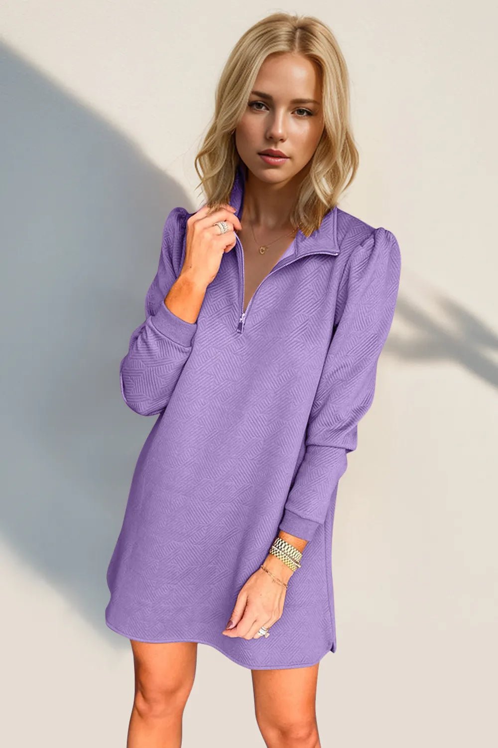 Double Take Textured Quarter Zip Long Sleeve Dress - JUST - JEN BOUTIQUE