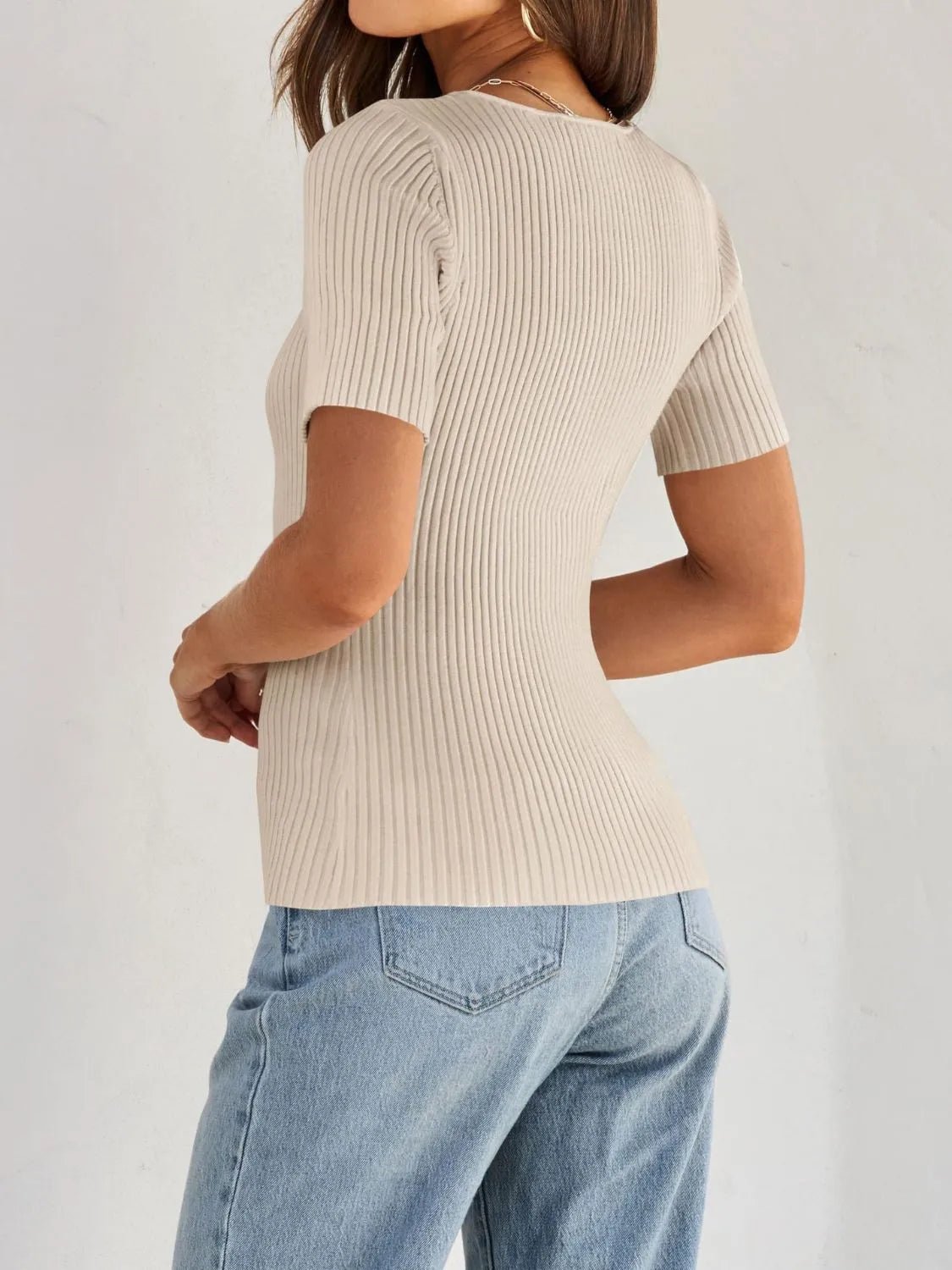 Ribbed Square Neck Short Sleeve Knit Top - JUST - JEN BOUTIQUE