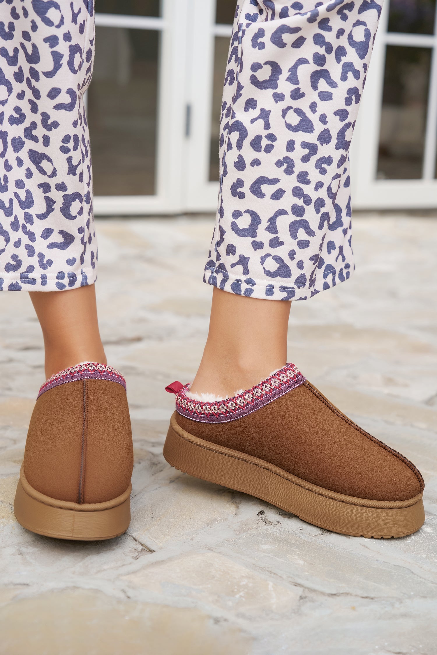 Chestnut Suede Contrast Print Plush Lined Snow Boots
