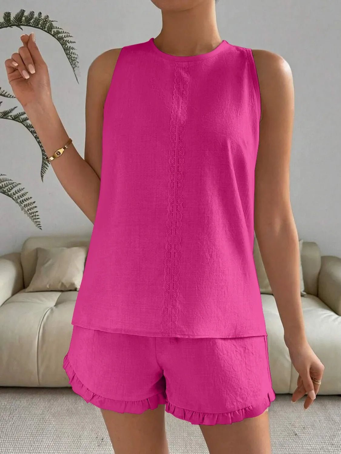 Lace Detail Round Neck Tank and Shorts Set - JUST - JEN BOUTIQUE