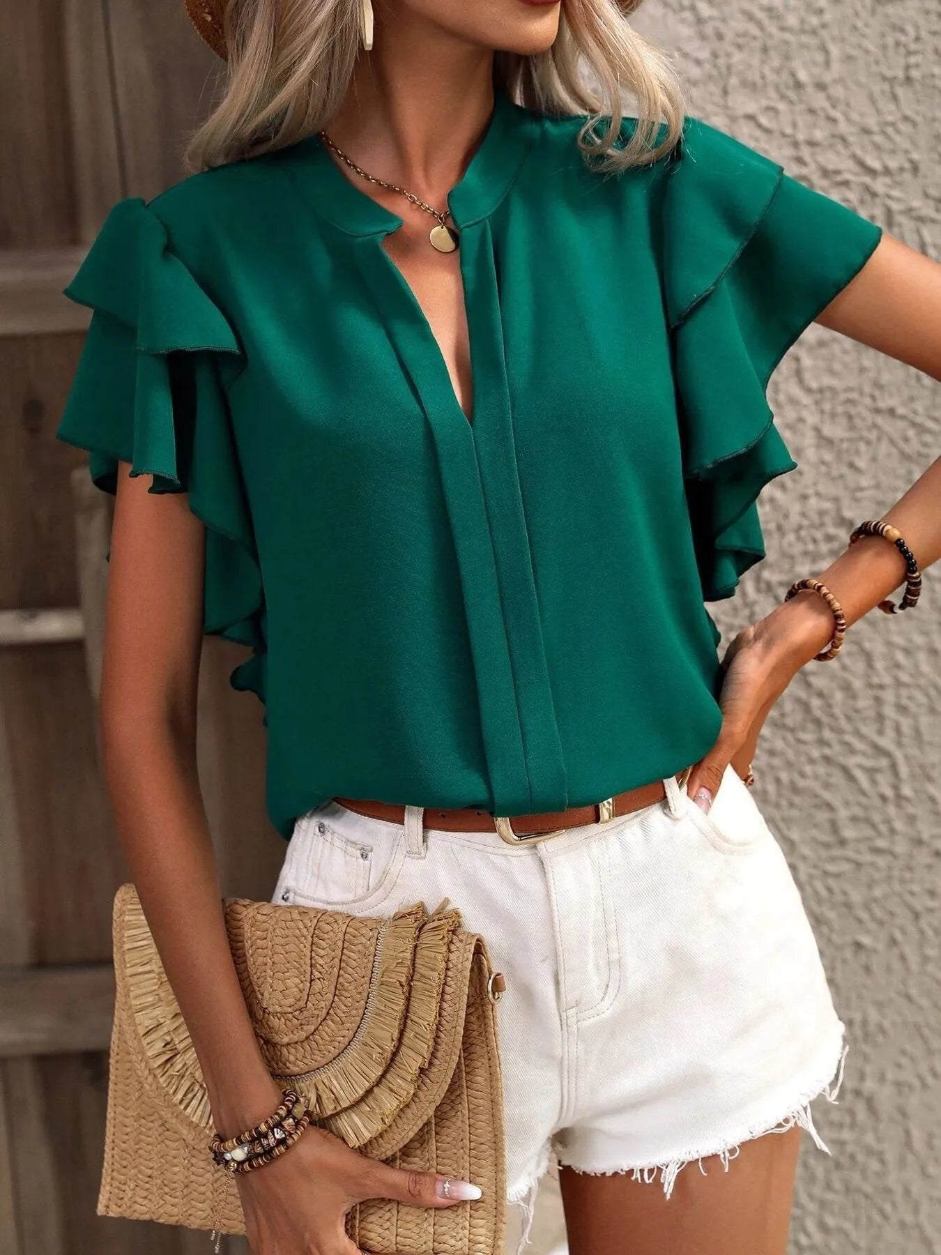 Ruffle Sleeve Notched Blouse - JUST - JEN BOUTIQUE