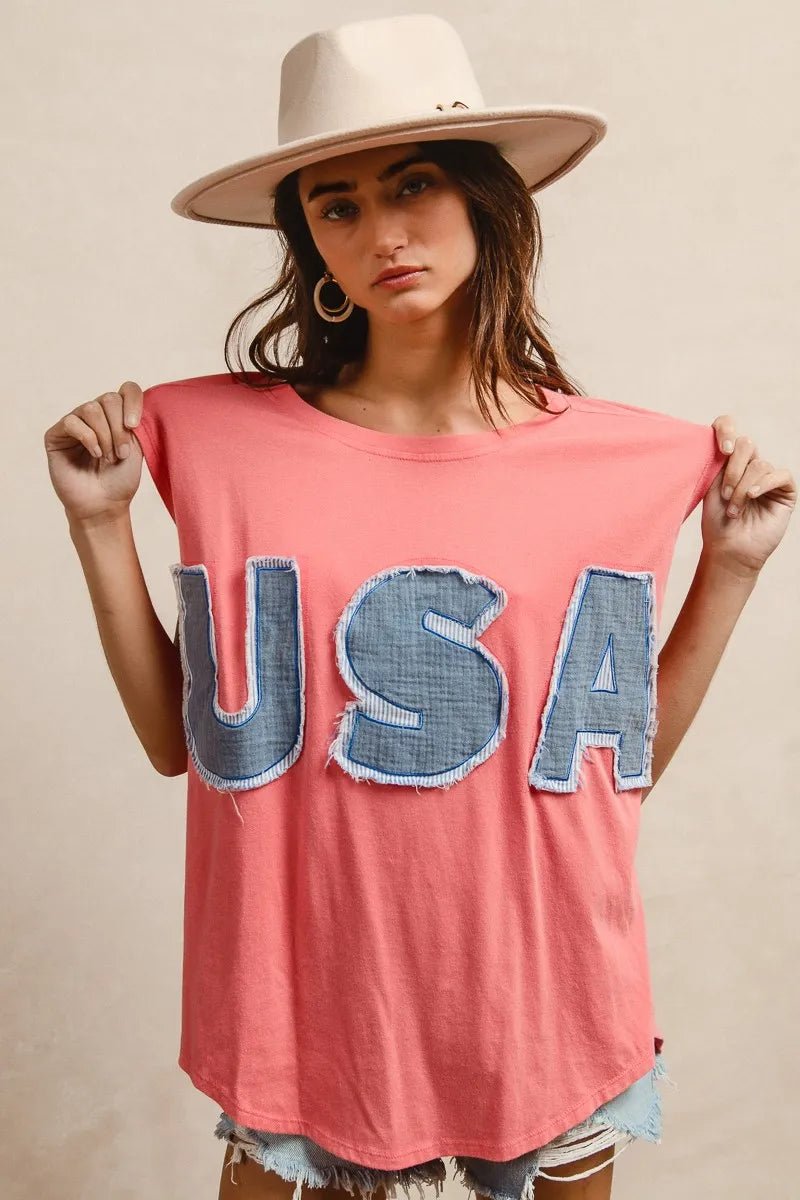 BiBi Washed Jersey With Usa Patched Raw Cut Edge Detail - JUST - JEN BOUTIQUE