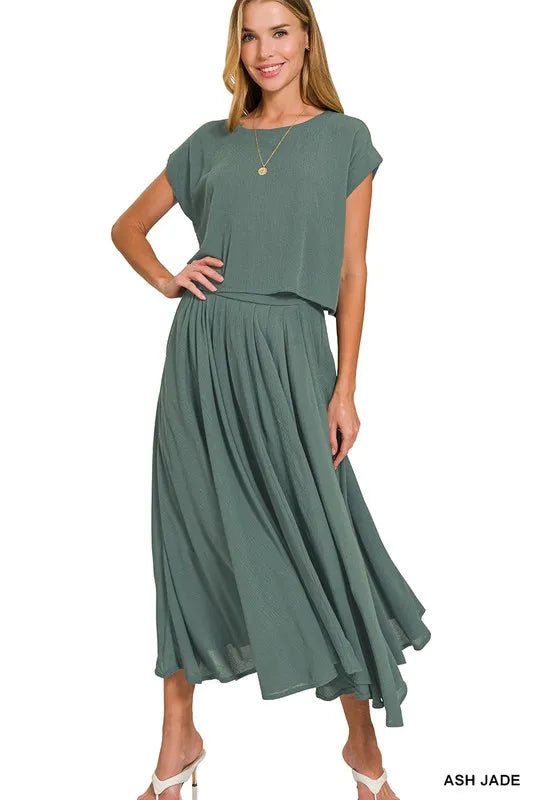 Zenana Woven Crinkle Gauze Crop Tee and Skirt Set - JUST - JEN BOUTIQUE