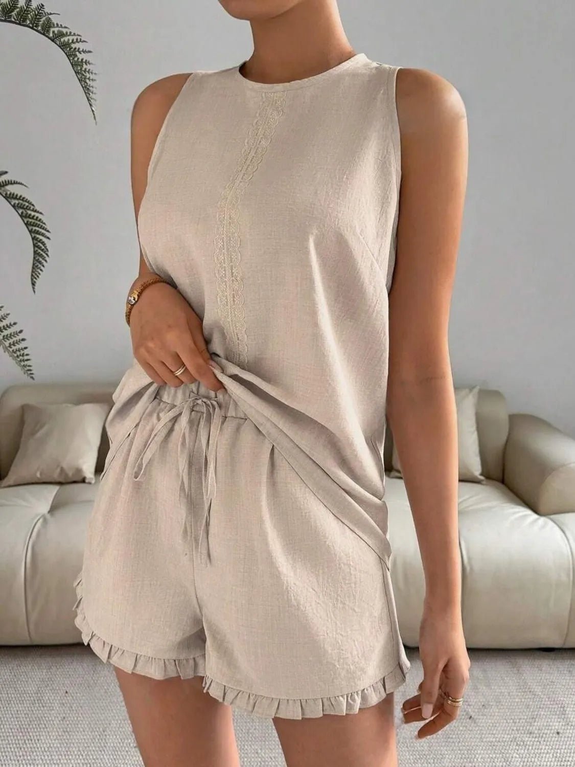 Lace Detail Round Neck Tank and Shorts Set - JUST - JEN BOUTIQUE