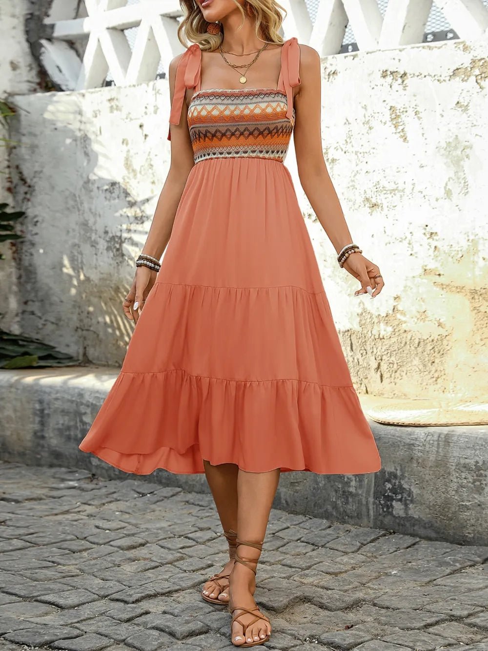 Tie Shoulder Square Neck Tiered Midi Dress - JUST - JEN BOUTIQUE