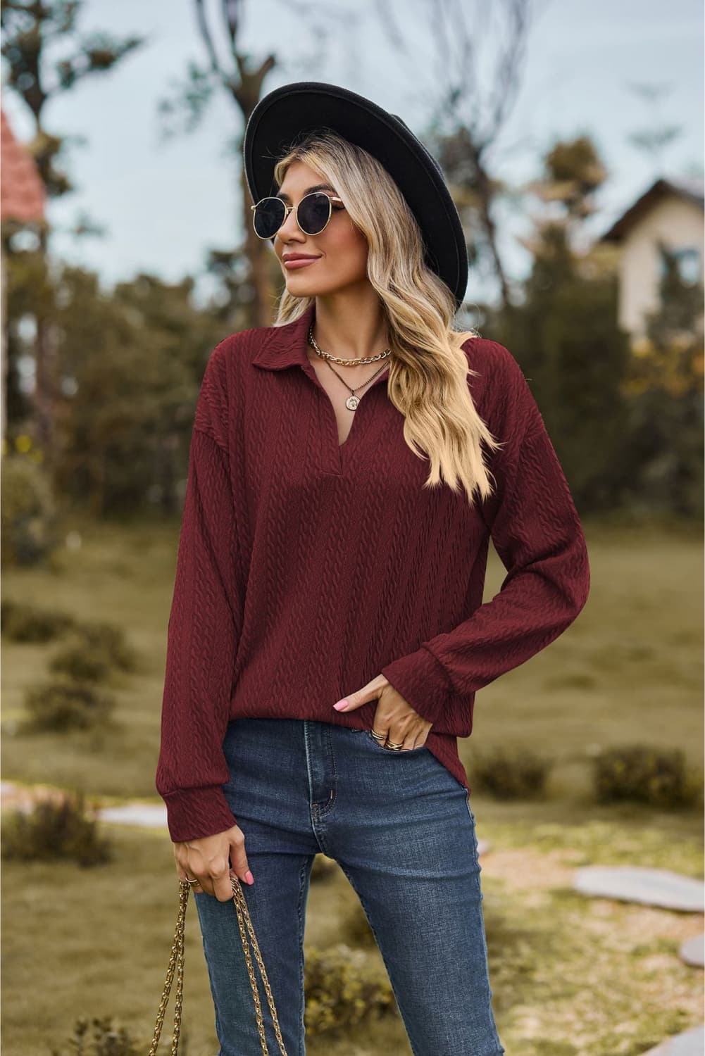 Collared Neck Cable - Knit Long Sleeve Blouse - JUST - JEN BOUTIQUE