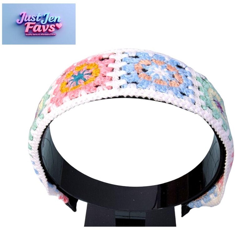 Black Satin Headband with Multi-Color Crochet Embroidery, Designed By Just Jen