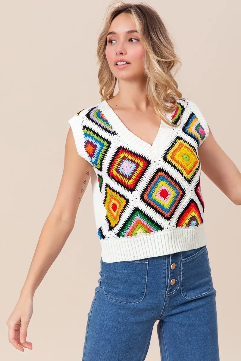 BiBi Diamond Granny Square Sweater Vest - JUST - JEN BOUTIQUE