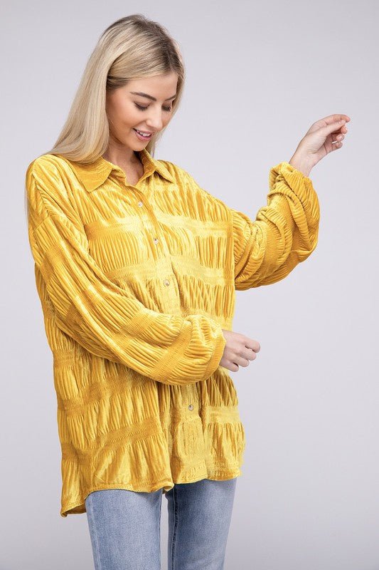 Wrinkle Effect Tiered Shirring Velvet Shirt - JUST - JEN BOUTIQUE