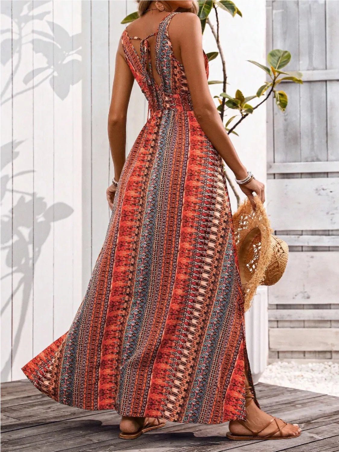 Tied Back Printed Sleeveless Maxi Slit Dress - JUST - JEN BOUTIQUE