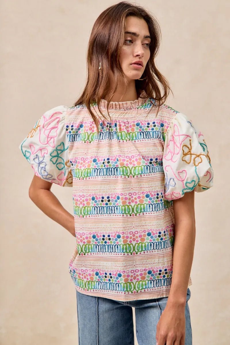 BiBi Ruffle Neckline Blouse With Embroidery Bubble Sleeve - JUST - JEN BOUTIQUE